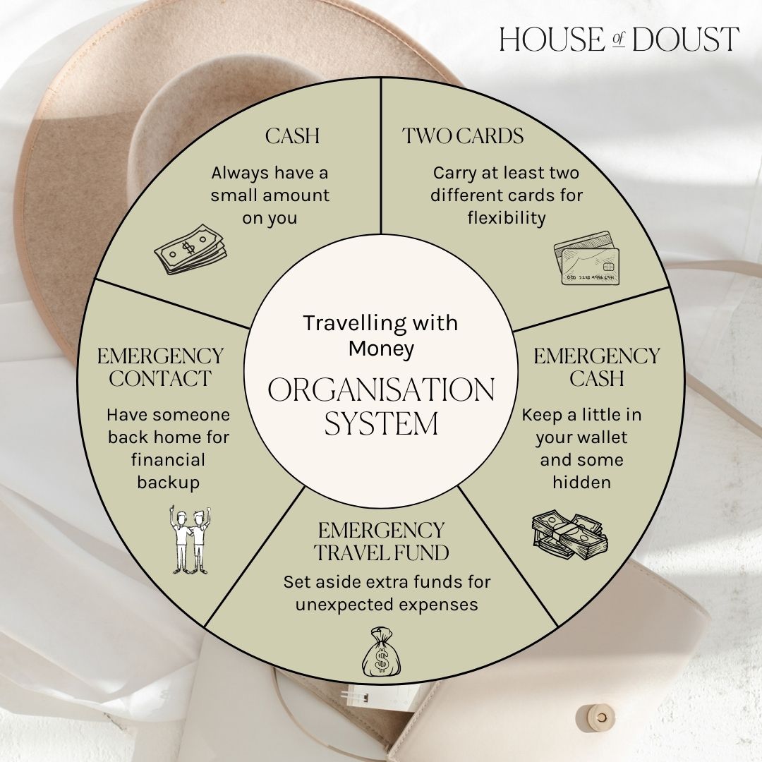 Infographic detailing a 5-point money organization system for overseas travel, including carrying cash, two bank cards, emergency cash stashed separately, an emergency travel fund, and an emergency contact, encapsulating what is the best way to bring money on a trip.