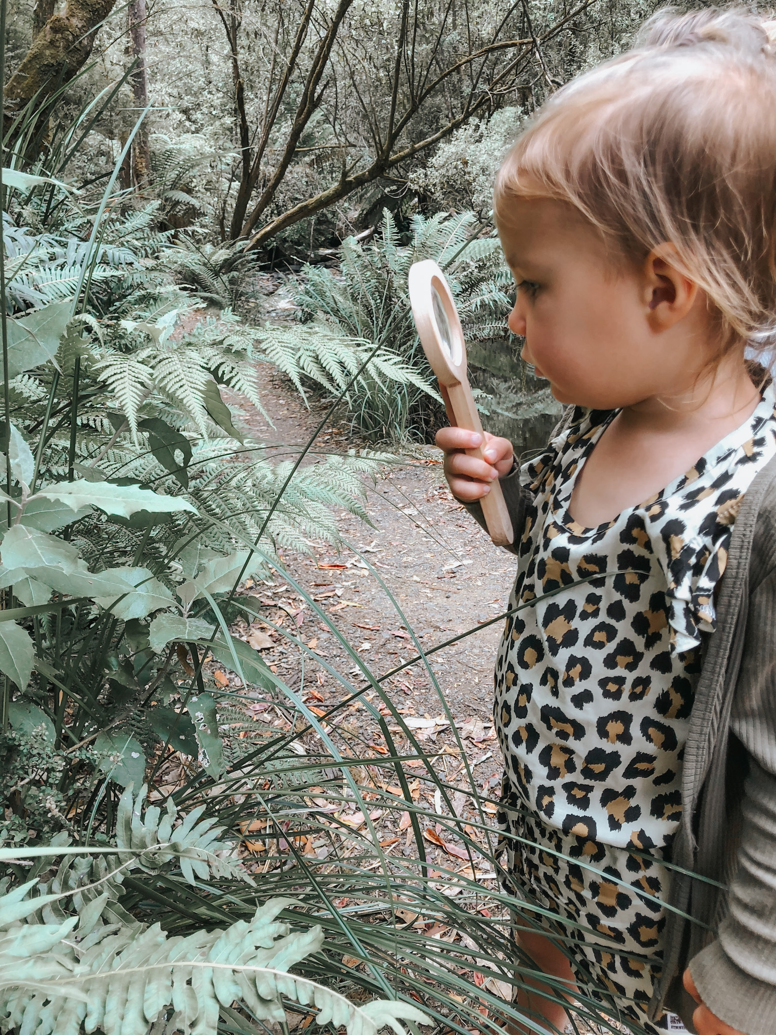 Young girl in the Tasmanian forest holding a magnifying glass to explore a plant, nurturing her curiosity and a connection to nature, fostering memorable learning experiences outside the classroom.