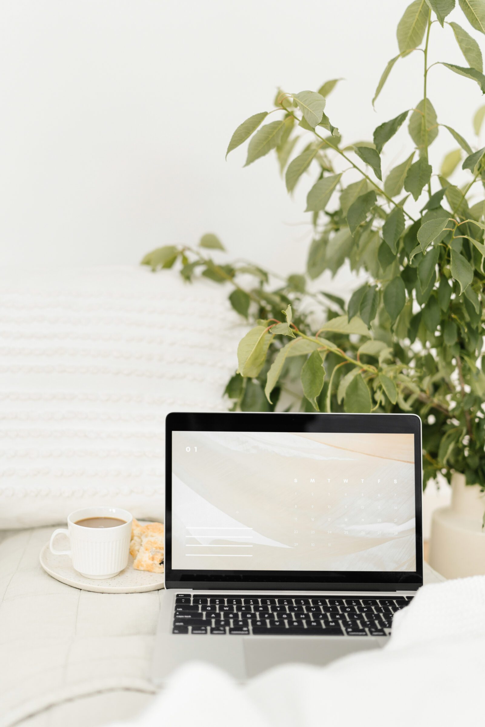 White desk with a plant, laptop, hot drink, and snack, illustrating the disciplined approach of 'how to create a family travel budget,' emphasizing a dedicated fund and clear timeline for systematic saving and wise spending, enabling debt-free travel.