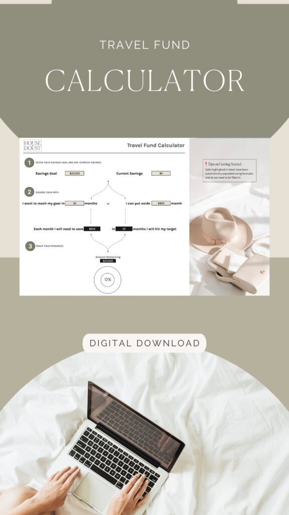 Digital download of the free Travel Fund Calculator, showing a clear layout for entering trip cost, timeline, and budget. Helps families calculate exactly how much to save in their travel savings each month to reach their travel goals stress-free.