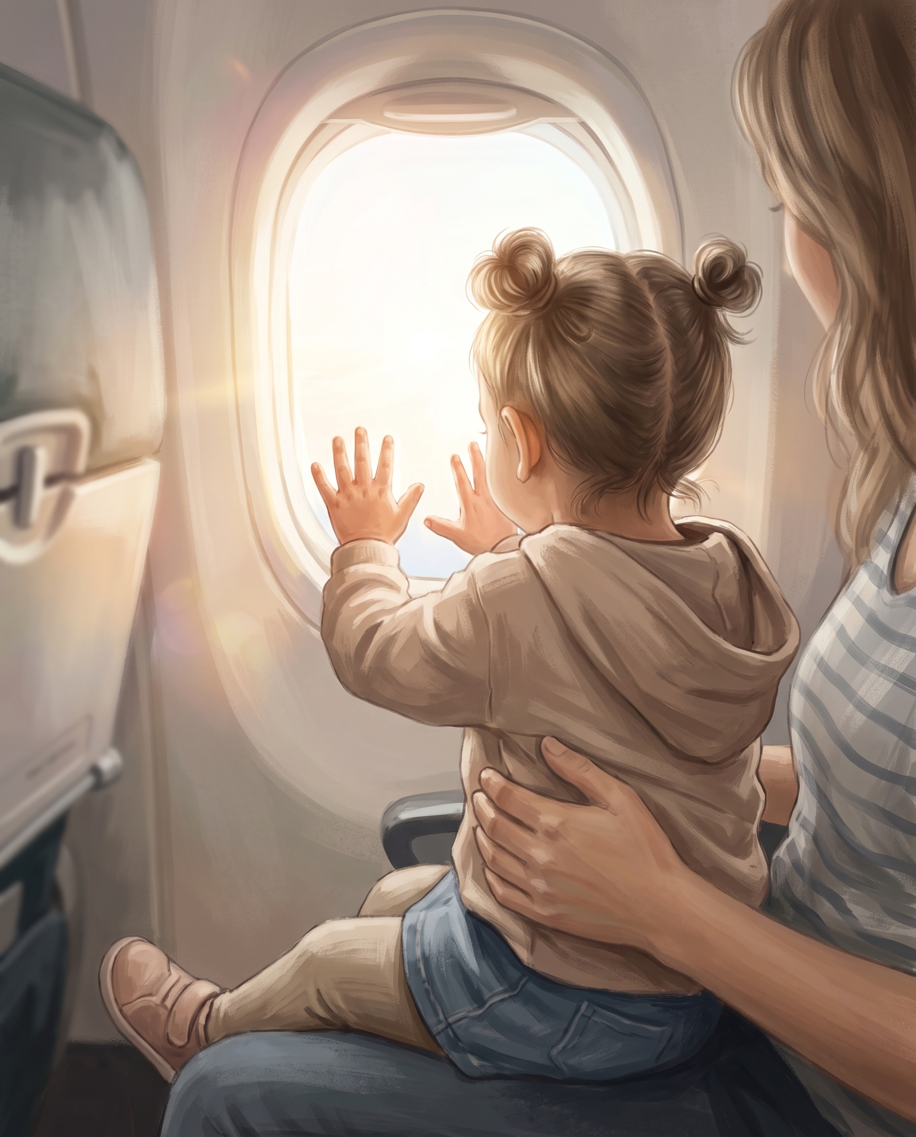 A toddler with her hair in two buns sits on her mother's lap, pressing both hands to the airplane window as golden light streams in through the glass.