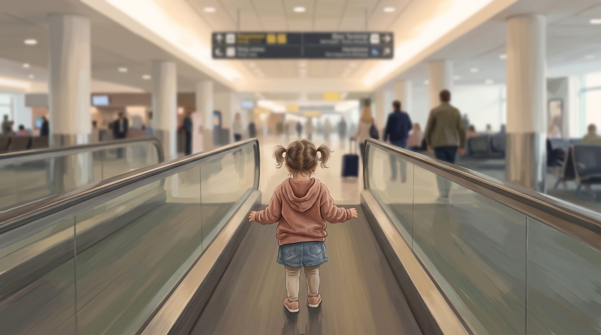 A toddler with pigtails stands with her arms out for balance on an airport travelator, dwarfed by the terminal around her as other passengers and a wheeled suitcase blur past in the background.