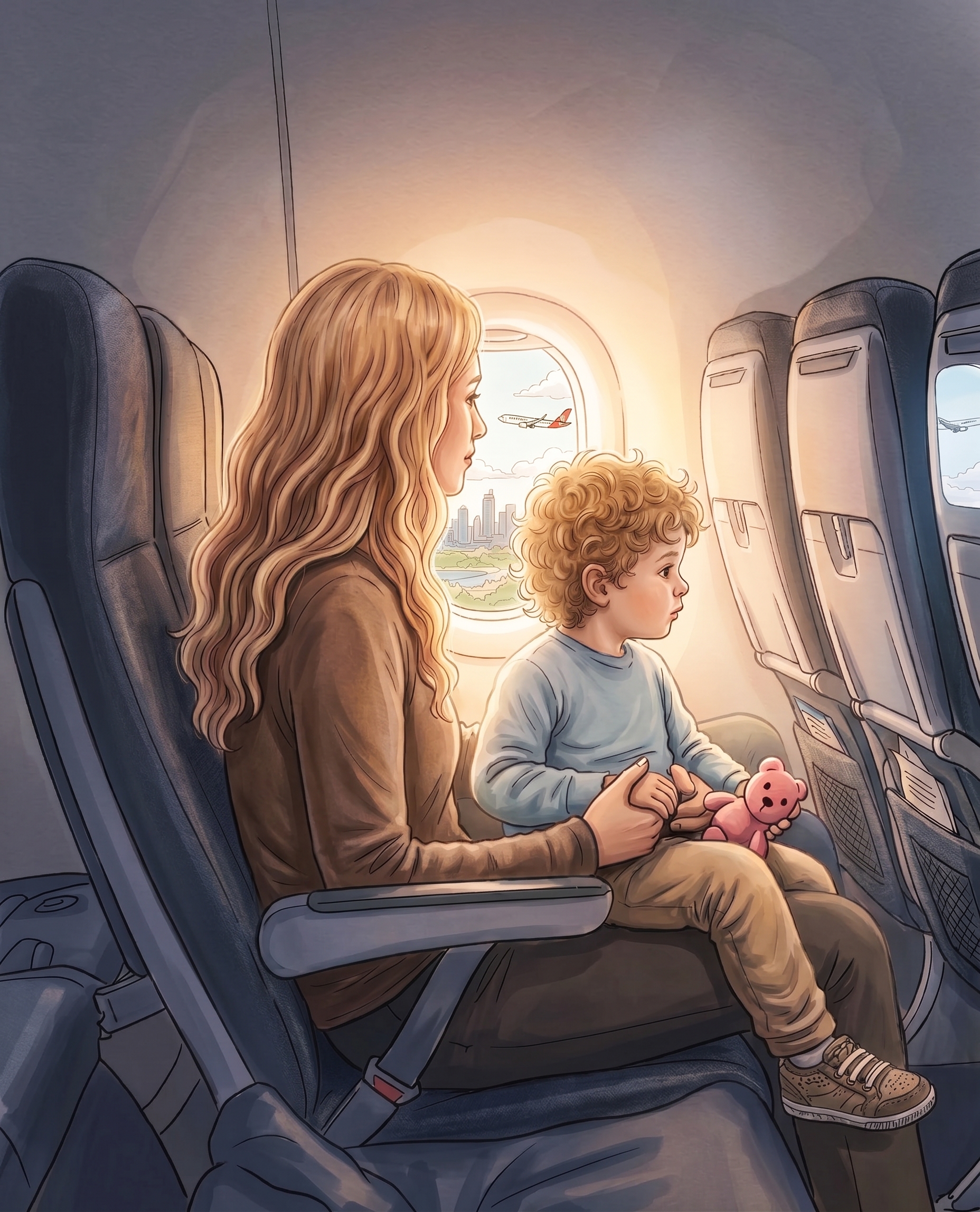 A mother holds her curly-haired toddler on her lap in a window seat, both watching another plane cross the sky as he clutches a small pink teddy bear.