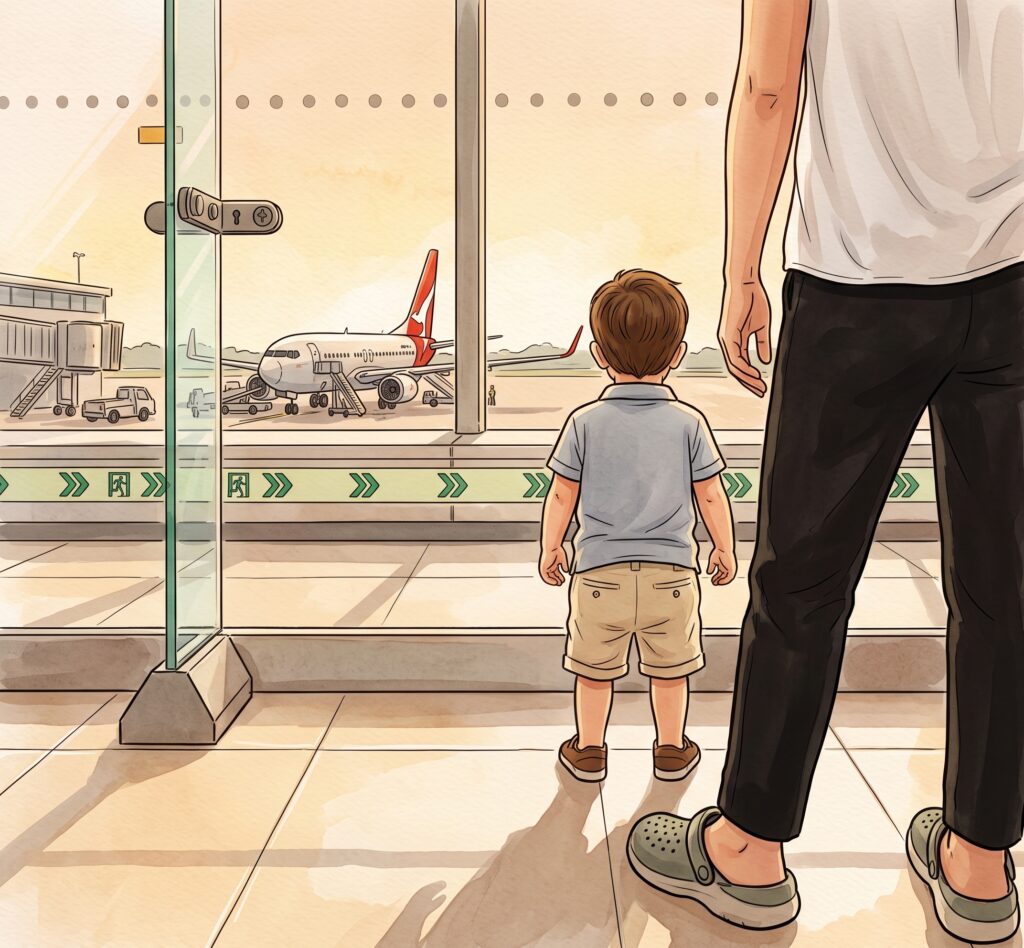 A small boy stands at the terminal window holding an adult's hand, watching a Qantas plane wait on the tarmac in the glow of late afternoon light.