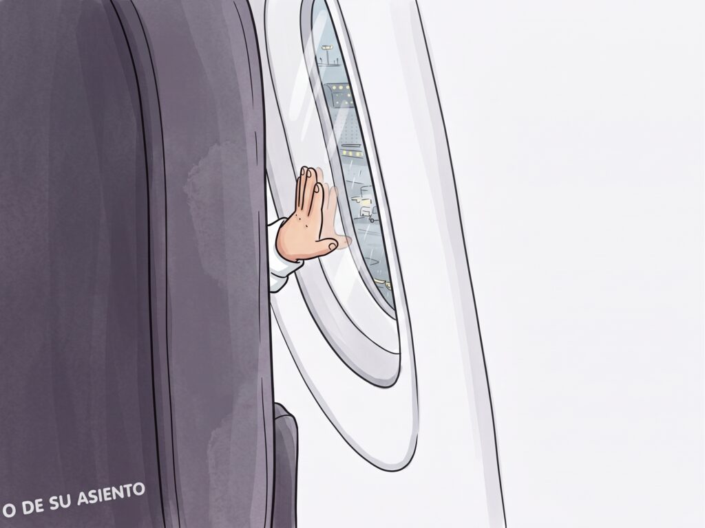 A small hand presses against the airplane window from behind a grey seatback printed with Spanish safety text, the tarmac and airport lights visible through the glass outside.